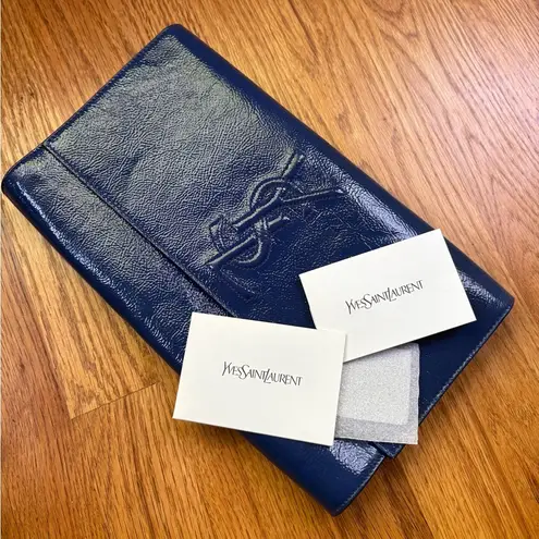 YSL Saint Laurent Textured Patent Calfskin Large Belle De Jour Clutch Royal Blue