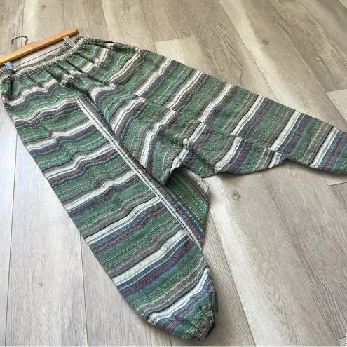 Striped Harem Pants cotton comfy womens Green (small) oversized boho shabby chic