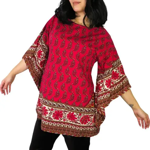Vintage Red Cranberry Retro Paisley Flowy Tissue Blouse Bell Sleeves Small