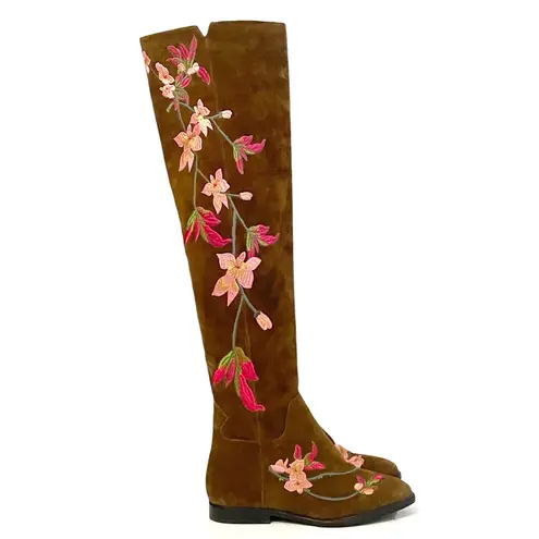 Ash Jess Russet Suede Over the Knee Boots Floral Embroidery Flat Riding EU 40