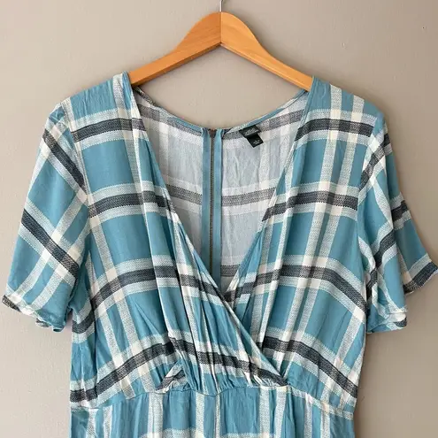 Wild Fable  Blue Stencil Plaid Cross Front Crop Wide leg Jumpsuit Romper Size L