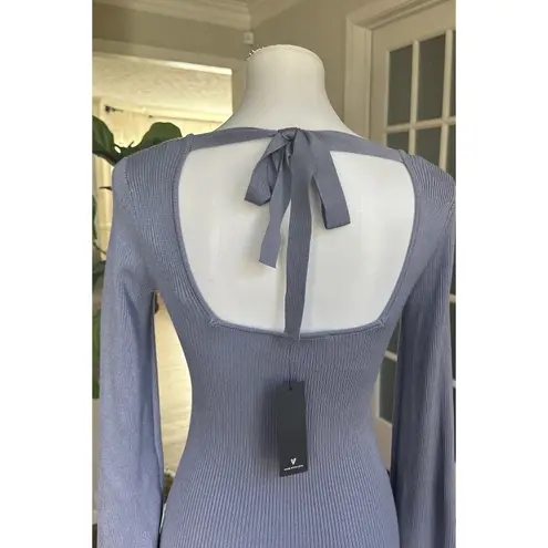 Lulus Blue Ribbed Knit Sweater Dress Small Long Sleeve Back Tie Bodycon Mini