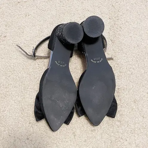 Japanese En Punto Black Shimmery White Pearl Bow Glittery Low Heels Pumps Heels Size undefined