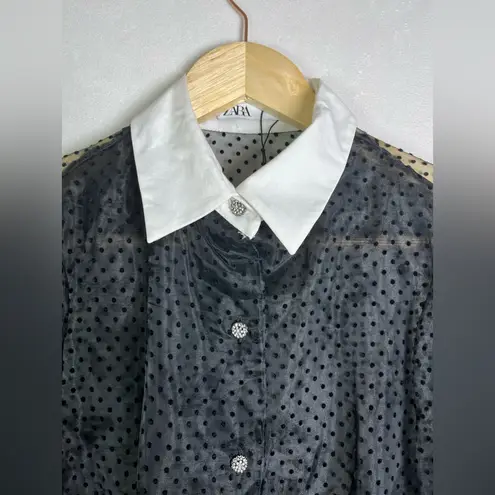 ZARA  Womens Sheer Polka Dot Organza Blouse White Collar Crystal Buttons S NWOT