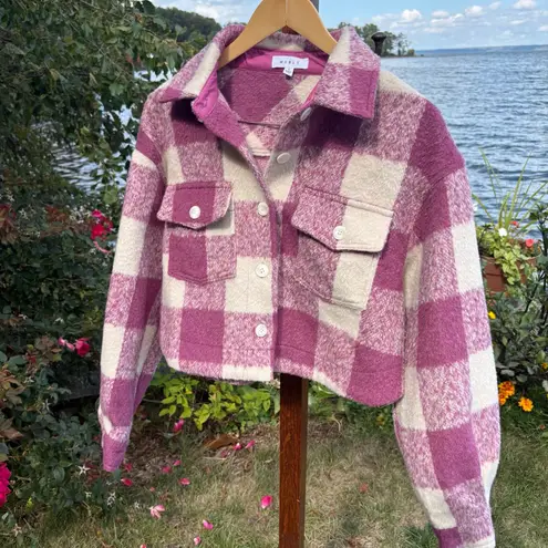 Mable Micah Brushed Fuzzy Textured Pink Plaid Crop Button Down Jacket size Small