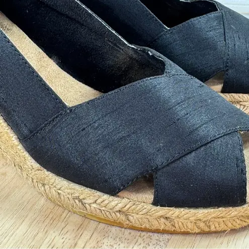 White Mountain Dupioni Fabric Peep Toe Espadrille Wedge Heels Black 9