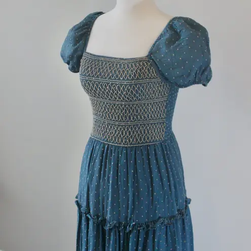 Moon River Teal Tan Smocked Square Neck Puff Sleeve Flowy Boho Midi Dress Small