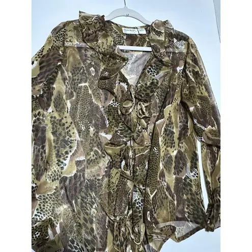 Claudia Richard Brown Sheer Crinkle Effect Animal Print Blouse Size L Size L