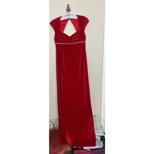 Vintage 90s Sz 4 Red Velvet Rhinestone Empire Waist Cap Sleeve Maxi Dress Gown