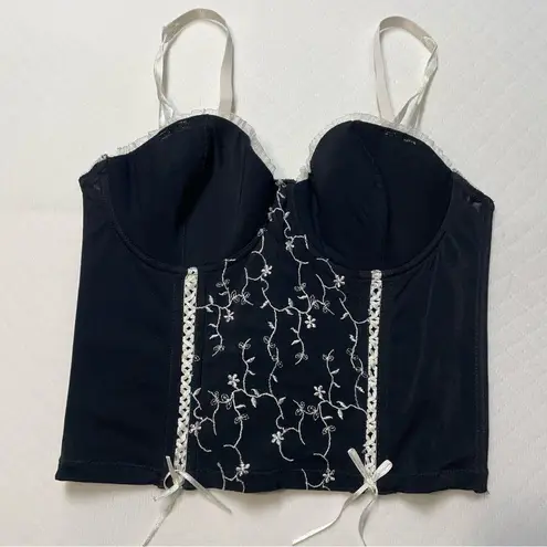Black Bustier Top with White Embroidery size 36C Black