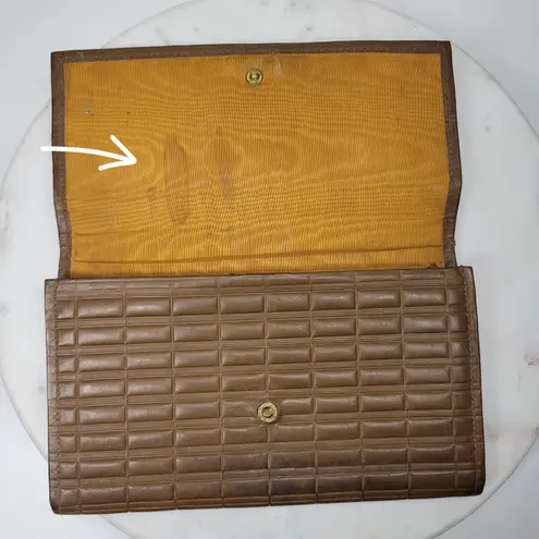 Antique Tooled Leather Clutch Handbag Brown Gold Taffeta Kiss Lock Handle Purse