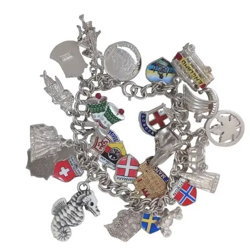 Sterling Silver W/ 26 Charms- chain link boho charm bracelet