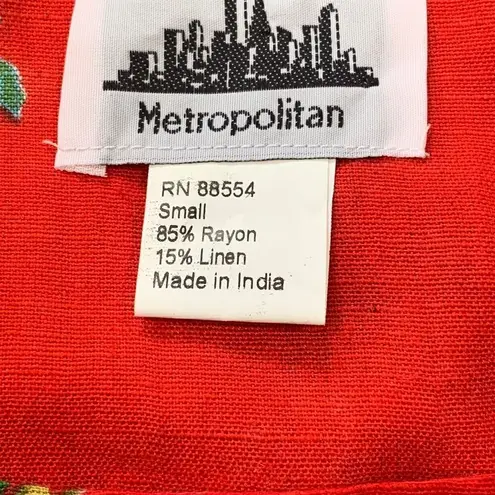 Vintage 90s Dress Cherry Red Hot Pink Floral Detail Square Neck Sleeveless Linen Size M