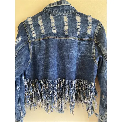 Thrill Jeans Distressed Trashed Destroyed Fringe Denim Jean Jacket No Tags READ Blue - Image 10