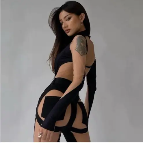 MUGLER Panelled Long Sleeve Illusion Mesh Cut Out Bodysuit Top, Size 44. $975 Black