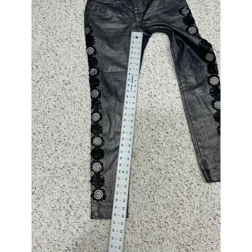 Woman’s Luxury Blues Sun Metal Embelished Stretch Shiny Straight Leg Jeans 9 Blue Size undefined