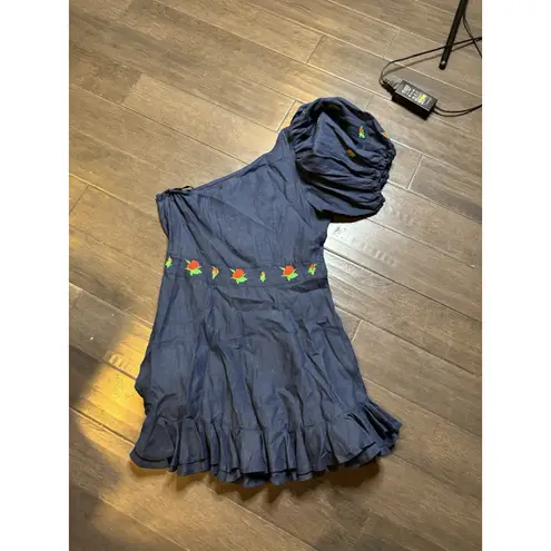 Fanm Mon Flame Mini Linen One Sleeve Ruffle Hem Floral Embroidery Dress Size L Blue Size L