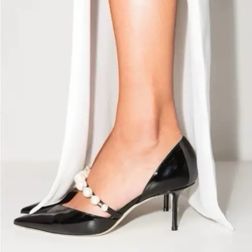 Jimmy Choo NEW Women’s Aurelie Black Patent Leather Pointed Pumps with Pearl