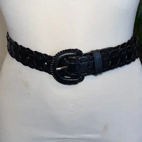 Womens Black Woven Leather Belt Statement Buckle Medium Career Casual Office