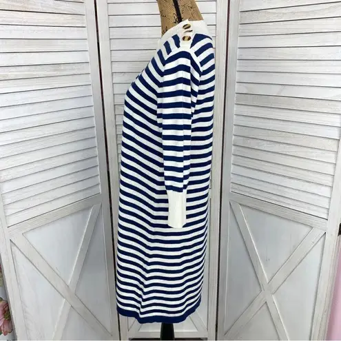 Haley and the Hound Striped Sweater Dress Crew Neck Knit Shift Blue White Medium