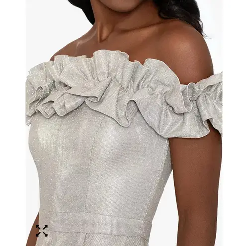 XScape Women's Off the Shoulder Ruffle Metallic Glitter Gown has Pockets size 14