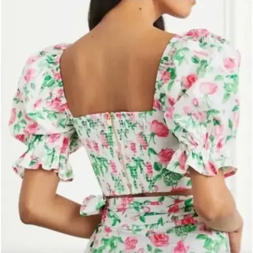 NWT Hill House Home Puff Sleeve Floral Bow Crop Top in White/Pink White