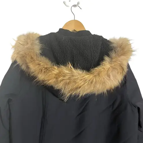 Maje Dark Blue Raccoon Fur Trim Hooded Sherpa Parka Coat Size Large