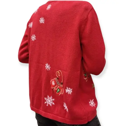 Vintage Ice Skating Christmas Sweater Small Y2K Holiday Cardigan Basic Editions Red