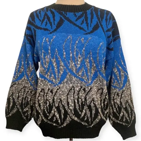 Vintage Blue Black White Geometric Crewneck Knit Sweater Grandpacore Teasers Y2K Size L