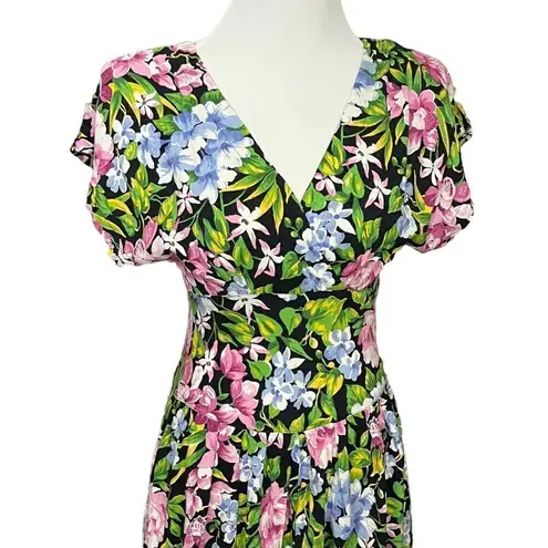 Vintage 80’s/90’s All That Jazz Black Floral Dress Fit and Flare Midi Style S Green