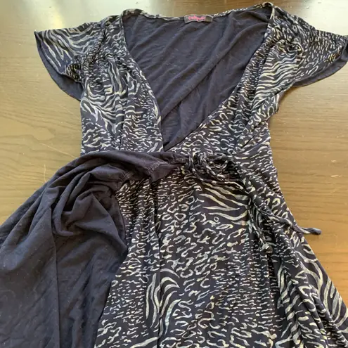 Fresh Produce Women's Blue Animal Print Wrap Dress Size L Short Sleeve Made USA