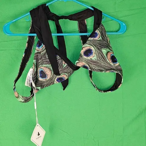 NWT Kamoni Womens Peacock Feather Print V Neck Cheeky Bikini Medium Large Brown