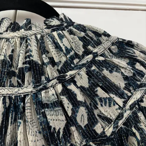 Ulla Johnson Yulia Blouse Indigo Printed Metallic Size 0 Shirt Statement Sleeve