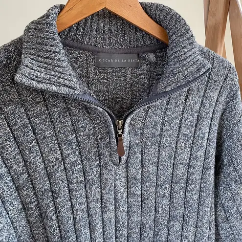 Oscar de la Renta Vintage Marled Ribbed Quarter Zip Collared Sweater in Blue/Brown