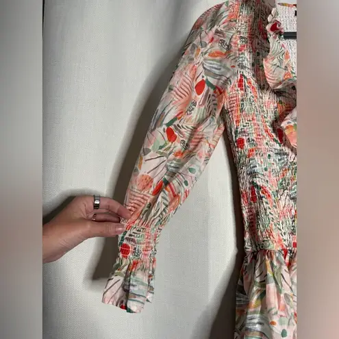 FORE Floral Ruffle White Orange Smocked Long Sleeve Dress Medium