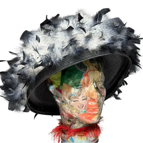 Vintage Feather Trim Statement Hat, Dramatic Black and White Church Derby EUC