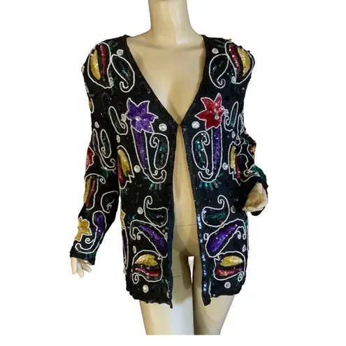 VINTAGE CIRCA 1980'S AVALON BLACK W/COLORFUL SEQUINS SILK OPEN