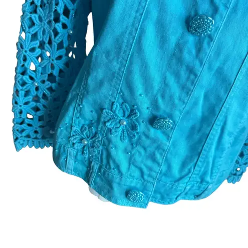 Just B Turquoise Eyelet Embroidered Jacket Size S | Floral Lace Sleeves & Beaded Blue