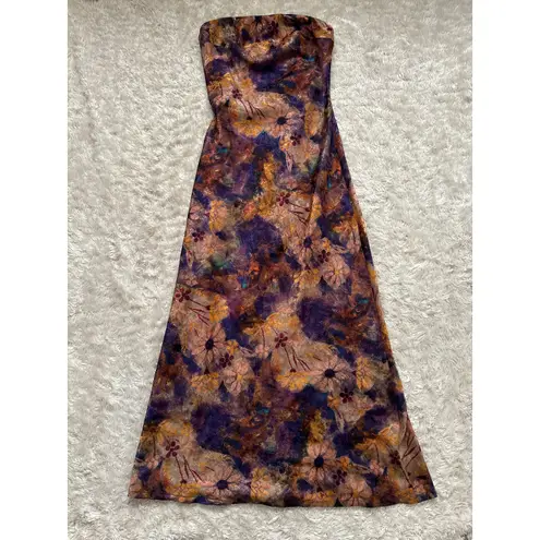Fore Boutique Satin Purple Gold Floral Maxi Dress Strapless Open Cowl Back