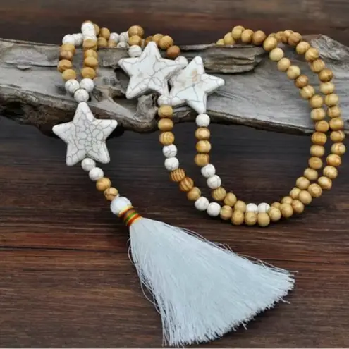 Boho Pine Tree Beaded Tassel Stars Sweater Necklace Ladies Simple Fringe Accesor Tan