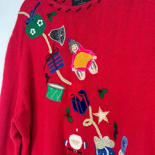 Vintage Red Christmas Sweater Embroidered Santa Toys Gifts Holiday Pullover Size 3X