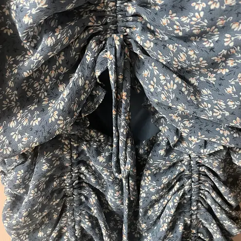 Blush  Blue & Cream Floral Print Ruched BodyCon Mini Dress Size L EUC