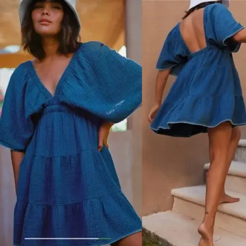 Aerie  Pool to Party Flutter Sleeve Dress Mini Short Sleeve Blue Size XL‎