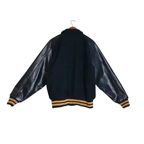 Vintage 90's Y2K Black Wool & Faux Leather Varsity Letterman Bomber Jacket Size L