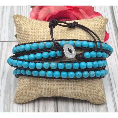 Victoria Emerson Blue Turquoise Stone Beads Brown Leather Cord Wrap Bracelet 36"