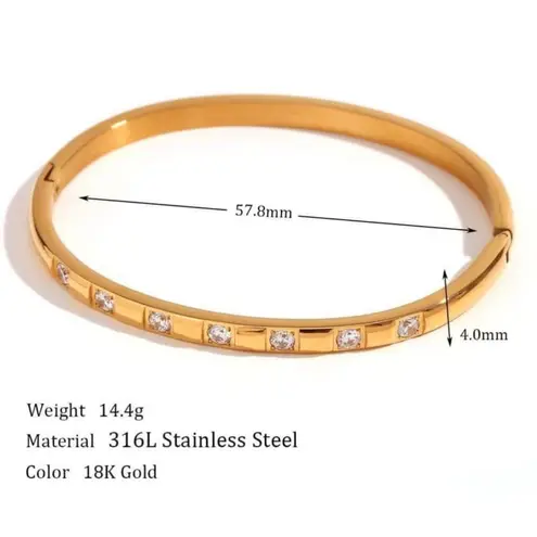 Boutique NEW Elegant Gold Plated 316L Bangle Bracelet Square Simulated Diamonds, 6-9”