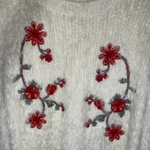 Woven Heart Pullover Long Sleeve Red Flower Embroidered Sweater Small
