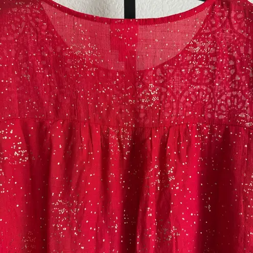 Plus Size 3X Red Metallic Blouse Crochet Yoke Long Sleeve Sparkle Evening Top