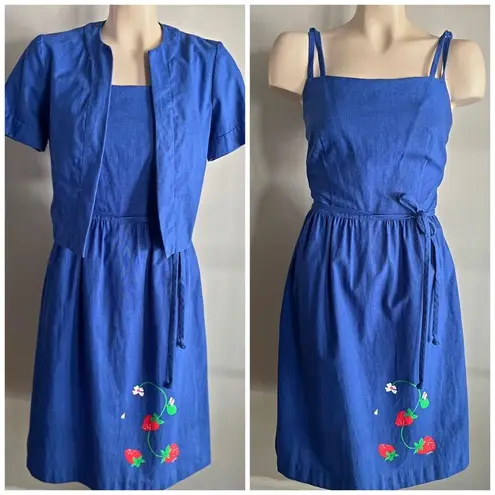 Vintage Malia Strawberry Dress & Bolero Set Blue Cottagecore Retro Pinup