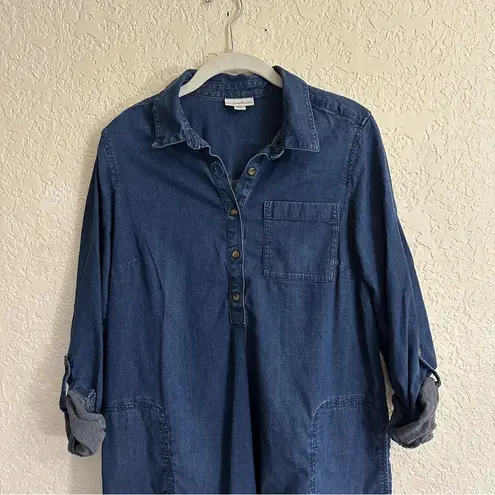 J.Jill Denim Tencel Shirt Dress Dark Wash Convertible Tab Sleeves Pockets Small Blue